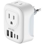 VYLEE Travel Plug Adapter, International Plug Adapter with 4 AC Outlets 2 USB Ports (2 USB C Port), Type C Power Adaptor Charger for The US to Most of Europe Iceland Spain Italy France Germany