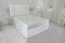 GHOST BEDS Tokyo Divan Bed Set + 10" Luxury Memory Mattress + Free Matching 24" Headboard (WHITE CRUSHED VELVET, 4FT6 DOUBLE)