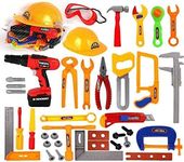 kingsport Kids Construction Builder Hat Costume Yellow Helmet and 37 Pcs Drill Tool Set Toy For Children, Construction Tool Toys with Play Drill Pretend Play Toys, Fancy Dress Theme Party Accessories