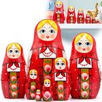 AEVVV Nesting Dolls Set of 7 pcs - Baboushka Nesting Dolls in Hand Painted Red Head Scarf and Sarafan Dress with Ornaments - Russian Dolls Nesting Dolls