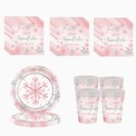 Christmas Party Pink Snowflake Tableware Set Decorations,20 Paper Napkins 16 Paper Cups 16 Paper Plates,Disposable Paper Dinnerware Winter Holiday for Him,Her Kids Snowflake Frozen Party Tableware