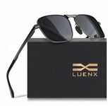 LUENX Rectangular Aviator Polarized Sunglasses for Men Women 59mm Non-mirrored Black Lens Square Metal Gun Grey Frame Spring Hinge