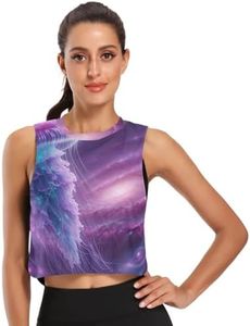 America Flag Womens Sleeveless Crop Tops Athletic Running Tank Tops, Jellyfish in Purple Space, Small