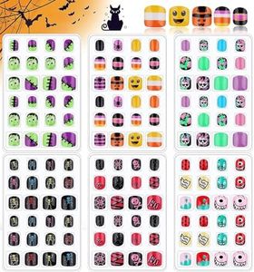 EBANKU 144 Pezzi Halloween Unghie Finte per Bambini Punta per Unghie Artificiali da Premere Kit Unghie Finte Corte a Copertura Completa Scheletri Zucche Ragni Fantasmi per Ragazza Manicure