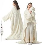 Bearhug Wearable Heated Blanket with Foot Pockets & Sleeves - Faux Fur & Sherpa, Heated Snuggle Blanket for Bed & Sofa, 6 Heating Levels, 4H Auto-Off,White Cloud