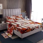 Maple Leaf Kids Sheet Queen Size,Fall Plants Autumn Bedding Set,Girls Boys Adults Room/Cabin Decor,Old Wooden Plank Vintage Orange Retro Bed Sheet Set 4pcs(Fitted + Flat + 2 Pillowcases)