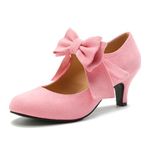 omthaka Women's Bow Mary Jane Kitten Heel Round Toe Low Heels Ankle Strap Dress Evening Party Pumps, Pink, 5.5 UK