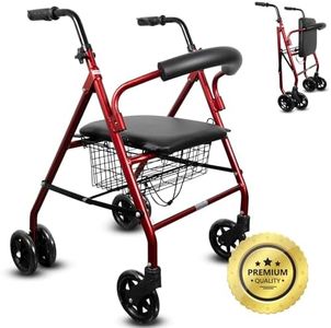 OrtoPrime Andador para Ancianos ROLLATOR de 4 Ruedas Plegable con Frenos a la Carga - Andador Ortopedia - Andadores adultos FRENO POR PRESIÓN - Caminadores para Mayores Andador con ASIENTO y CESTA