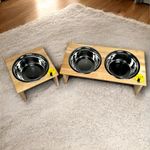 ClowderX - by MILESTONE ENDEAVOUR Premium Pet Feeding Bowls Combo for Cats | Single & Double Bowls Wood Holder Combo 1+2 | 300ml Each, Medium, Brown