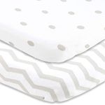 Travel Lite Crib Sheets Compatible with Graco Travel Lite Crib with Stages – Fits Perfectly on 20” x 30” Mattress Without Bunching Up – Snuggly Soft Jersey Cotton – Grey Polka Dots, Chevron – 2 Pack