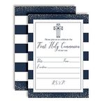 Navy and Silver Stripes First Holy Communion Religious Party Invitations, 20 5"x7" Fill in Cards with Twenty White Envelopes by AmandaCreation