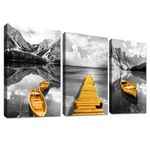 3 Panels Wooden Framed Canvas Wall Art Mountains And Lake Panorama Grey Gold Boat Painting on Canvas Print Picture for Living Room Hallway Stairs Bedroom Bathroom Wall Decor 90x40cm(12"x16"x3pcs)