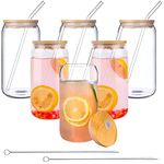 6 Pcs Beer Can Shaped Drinking Glass with Bamboo Lids and Glass Straw Set, Clear Water Glass Cups, Iced Coffee Glasses Cute Tumbler Cup, Ideal for Whiskey, Soda, Tea, Water (16 Oz)