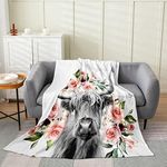 Highland Cow Fleece Blanket All Season Cozy Girls Watercolor Rose Plush Blanket Queen,Adult Grey Marble Texture Flannel Blanket for Sofa Bed Living Room Decor Bull Cattle Farmhouse Fuzzy Blanket