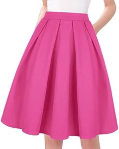 Tandisk Women's High Waist Flared Skirt Pleated Midi Skirt with Pocket Rose Red S