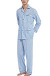 GLOBAL Mens Pyjamas Set | 100% Cotton PJs | Button Front Top and Elastic and Drawstring Bottoms Sky Blue,Stripe XXL