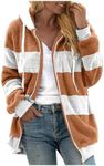 Women Fuzzy Fleece Jacket Oversized Sherpa Coat Warm Shaggy Hooded Color Block Patchwork Cardigan Outwear with Pocket Today ShowDeals of the Day H#Orange XX-Large