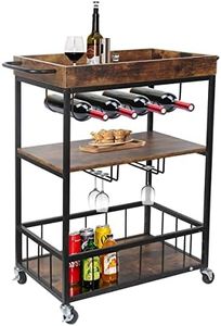 Maxkon Industrial Wine Trolley Rolling Bar Cart Drinks Serving Trolley with Wine Rack & Glass Holder Removable Top Tray Brown