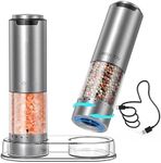 CIRCLE JOY Rechargeable Electric Salt and Pepper Grinder Set with Base, Stainless Steel Pepper Mills with 95ml Container, White LED Light and External Adjustable Coarseness, Silver