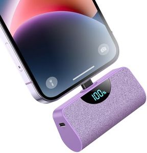 Mini Cargador Portátil para iPhone, 5200mAh Ultra-Ligera 20W PD Carga Rapida Batería Externa Compacto Power Bank con Pantalla LCD Powerbank Compatible con iPhone 14/14 Pro/13/12/11/XR/X/8/7/6-Lila