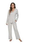 HEARTNICE Womens Pajama Set, Soft Long Sleeve Pajamas & Long Pants with Pockets, Warm Button-up Sleepwear Lightweight Lounge Pjs (Grey Mel, M)