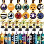 Seenelling 36 Pcs Halloween Award Prize Party Favor Include 12 Medals and Trophy Ribbons 12 Mini Plastic Trophy Cup with Stickers 12 Cards for Spooky Costume Contest Party Reward Adults Decor