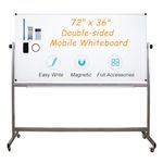 XIWODE Large Double-Sided Magnetic Dry Erase Board， Mobile Whiteboard on Wheels with Rolling Stand, 72 X 36 Inch, Silver Gray Aluminium Frame, 180 X 90cm