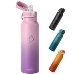 BUZIO Insulated Water Bottle with Straw 1L - Stainless Steel Water Bottle with Straw 1L and POPUP Lid - BPA Free - Cold for 48 Hrs - 100% Leak Poof - 1L Water Bottle for Travel Work - Purple