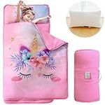 Toddler Nap Mat for Daycare Preschool Baby Girls Pink Unicorn Floral Kids Sleeping Bag Super Soft Lightweight Slumber Bag with Pillow and Blanket