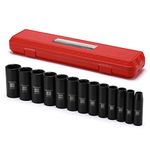 MIXPOWER 13 Pieces 1/2-Inch Drive Deep Impact Socket Set, 7/16"-1-1/4", Cr-Mo Steel, SAE, 6 Piont, Impact Grade, Heavy Duty Storage Case