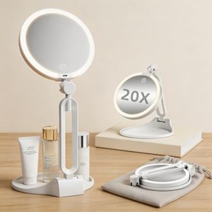 Talilie Makeup Mirror with Lights Travel Lighted Makeup Mirror with Magnification 1x/20x Magnifing Mirror Make Up with Lighting Rechargable Portable White