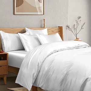 Manyshofu 6Pcs Pure White Satin Duvet Cover Set Queen Size with Satin Fitted Sheet - Not Comforter, Silky Comforter Cover Set Satin Duvet Bed Sheets (4 Pillowcases, 1 Duvet Cover, 1 Fitted Sheet)