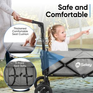 Sekey Kids Folding Wagon with Canopy – Shockproof Wheels, 100kg Capacity, Grey