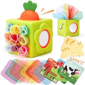 hahaland Baby Tissue Box Toy - Silicone Baby Toys 6-12 Months Montessori Toys for 6 Month Old, 6-in-1 Soft Busy Activity Cube with Scarves, Crinkle, Textures, Mirror, Sensory Popper, 12-18 Months Toy