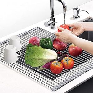 Crisand Dish Drying Rack Roll Up- Stainless Steel Dish Drainer Mat Foldable Over The Sink Multipurpose Dish Rack for Kitchen Countertop Dishes Cups Bottles Fruits