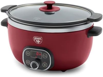 GreenLife 6QT Slow Cooker, Non-Toxic PFAS-Free Ceramic Nonstick Removable Interior Bowl, Programmable, Family Friendly, Keep Warm, Stovetop & Oven Safe, Dishwasher Safe Parts, Timer, Glass Lid, Red