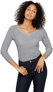 State Cashmere Women’s Easy V-Neck Ribbed Sweater 100% Pure Cashmere 3/4 Sleeve Pullover (Pale Charcoal, X-Large)