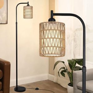 Rayofly lámparas de pie de ratán para salón, lámpara de pie boho con pantallas de ratán y lino, lámpara de pie vintage con interruptor de pie, lámpara de pie de ratán negro para dormitorio despacho