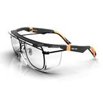 DEX FIT Safety Over Glasses SG210 OTG; Fit Over Your Eyewear, Z87 Eye Protection, Fog & Scratch Resistant, Adjustable for Women & Men, UV Protective (Black & Orange Frame, Clear Lens)