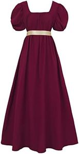 HEQU Regency Dresses for Women with Satin Sash Ruffle Empire Waist Dress Gown (M, Dark Red)
