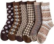 Verdusa Women's 6pairs Floral Plaid Print Crew Socks Brown one-size