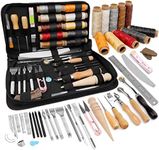 TLKKUE Leather Working Tool Kit, Leather Crafting Tools and Supplies for Beginners Leather Sewing Upholstery Repair Kit with Waxed Thread Sewing Awl Needle Punch Tracing Wheel Groover