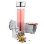 Navaris Glass Tea Bottle Infuser - 16.9 oz Glass Tea Bottle with Infuser and Lid - Double Wall Tea and Water Bottle with Sleeve - No Design