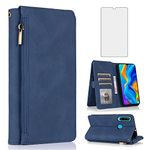 Asuwish Compatible with Huawei P30 Lite Wallet Case Tempered Glass Screen Protector Zipper Leather Flip Cover Card Holder Stand Cell Accessories Phone for Hawaii P30Lite P 30 30Lite Women Men Blue