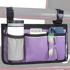 HSGEZUOQI Wheelchair Side Bag, Armrest Storage Pouch with Cup Holder and Reflective Strip Use of Waterproof Fabric, for Most Wheelchairs, Walkers or Rollators (Purple)