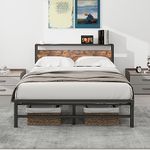 ARFARLY Queen Bed Frame with Wood Storage Headboard,Platform Bed Frame Queen Size,No Box Spring Needed,Strong Slats Mattress Foundation,Easy Assembly,Black+Brown