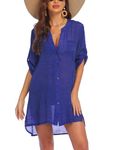 AI'MAGE Women's Swimsuit Cover Ups Shirt V-Neck Button Down Bathing Suit Coverups Beach Tunic Top S-3XL, Snorkel Blue, XXXL