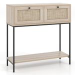 COSTWAY Console Table, Slim Entryway Table Sofa Side Table with 2 Rattan Drawers & Open Storage Shelf, Metal Frame Wooden Behind Couch Accent Table for Hallway, Foyer and Living Room, 80x30x80cm