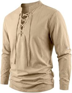 TAFLE Men's Pirate Shirt Renaissance Costume Medieval Viking Long Sleeve Cotton Linen Lace up Shirt Halloween Cosplay Costume