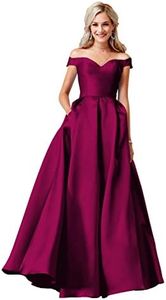 Clothfun Off Shoulder Prom Dresses Long Ball Gowns Satin Formal Dresses for Women Evening Gowns with Pockets, Fuchsia, 16 Plus